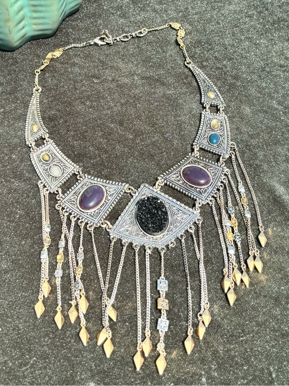 Lucky Brand Two-Tone Boho Fringe Necklace with Purple & Black Stones
